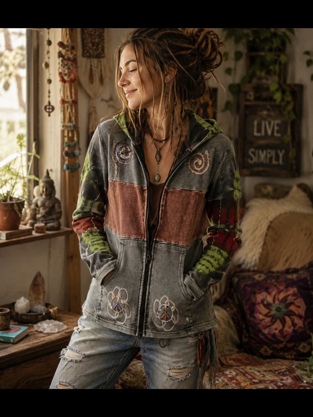 Handmade Nepali Zip-Up Hoodie Green Boho Hippie Peace Jacket Size M